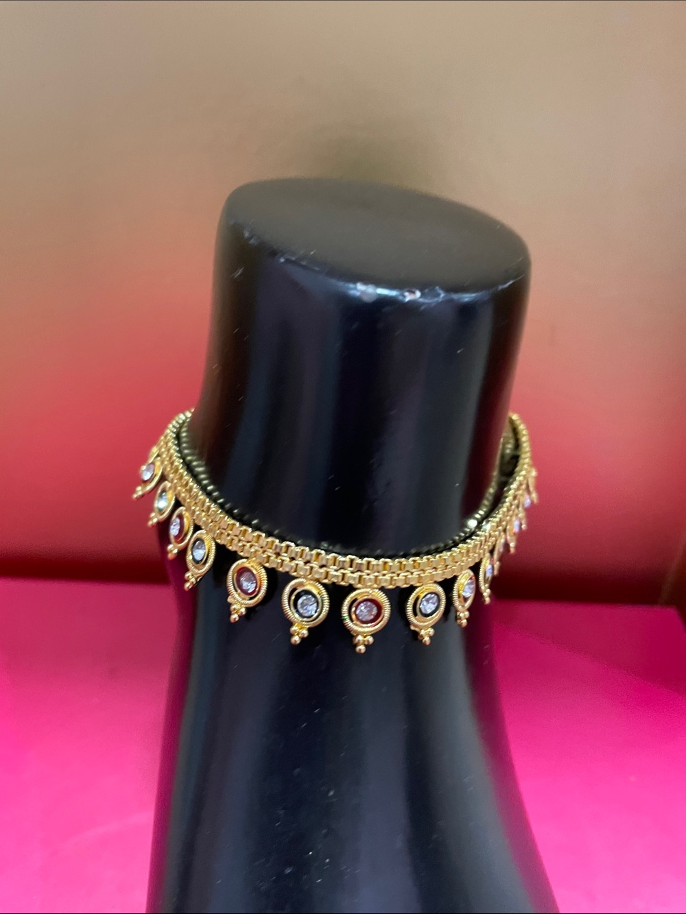 Gold-Tone Women's anklet with Red and White Stones